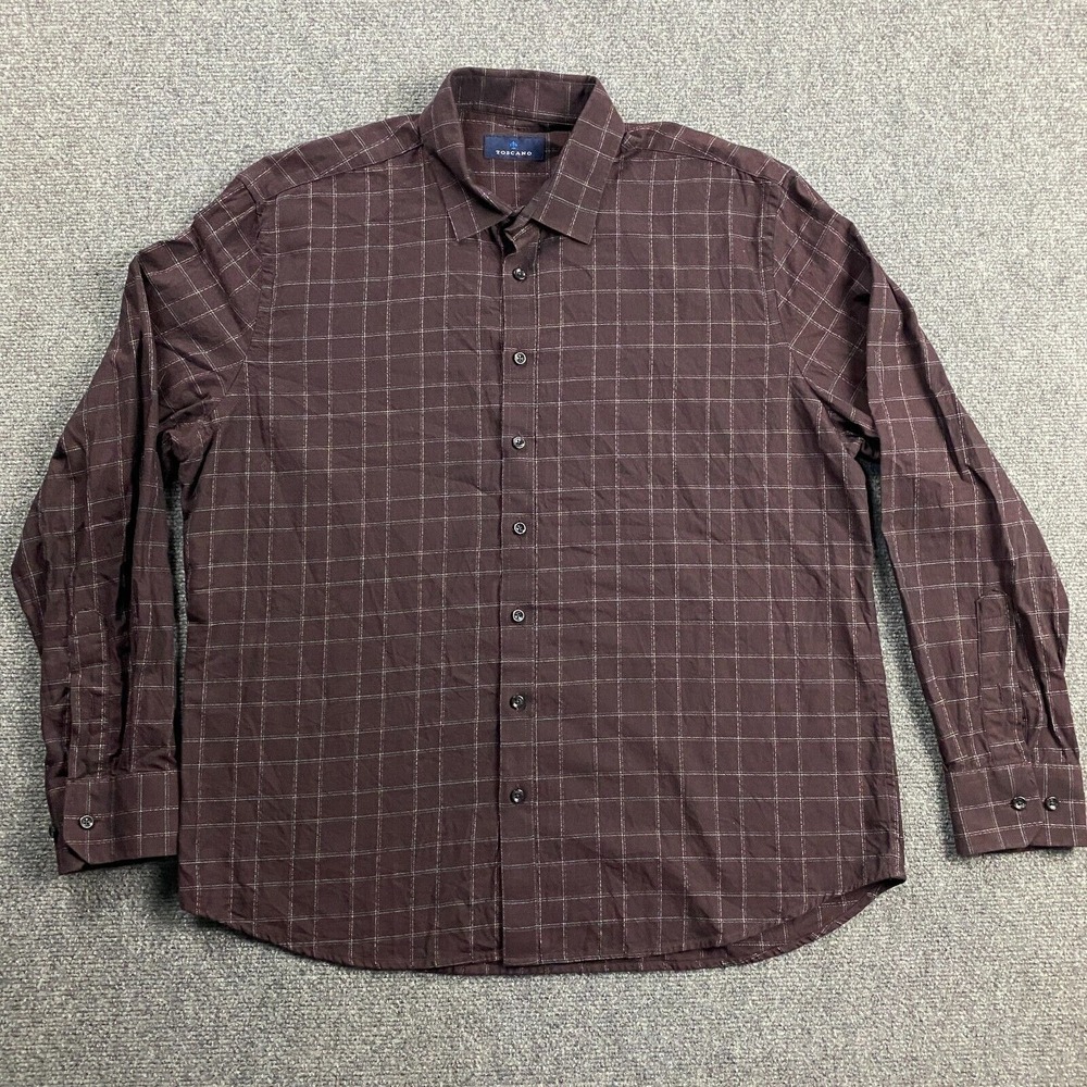 Toscano Shirt Men's Extra Large Maroon Button Up Window‎ Pane Check 100% Cotton